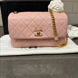 Chanel Mini Lambskin Flap Bag Mauve Pink Stones on Chunky Chain Rare
